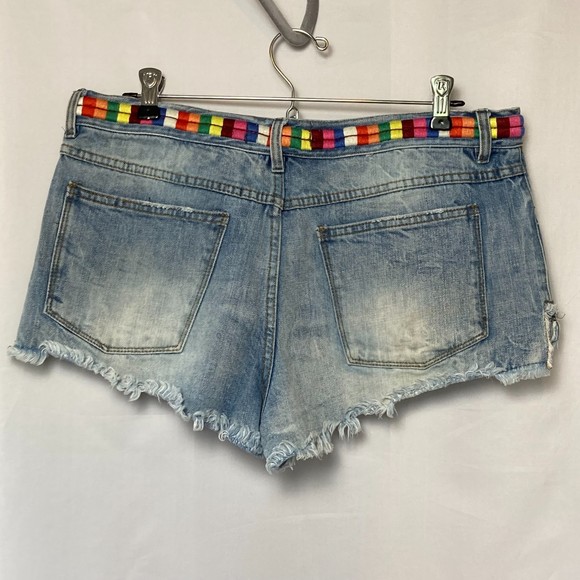 FREE PEOPLE Jean Shorts High Rise Cut Off Multi Colored Waist Detail Shorts - Picture 4 of 7